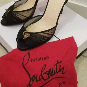 Vintage Black Satin peep-toe heels w/ cobra accent